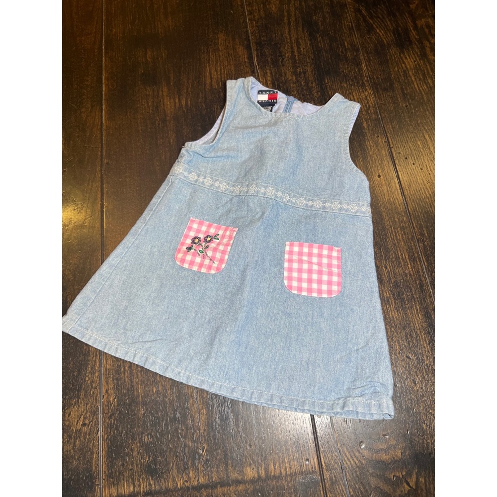 VTG Y2K Tommy Hilfiger Baby Girls Denim Dress Embroidered Pockets Size 18 24 Mos